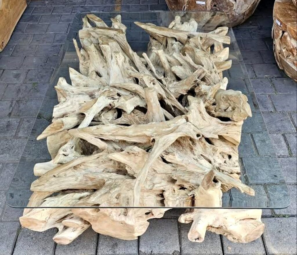 Teak table with glass top